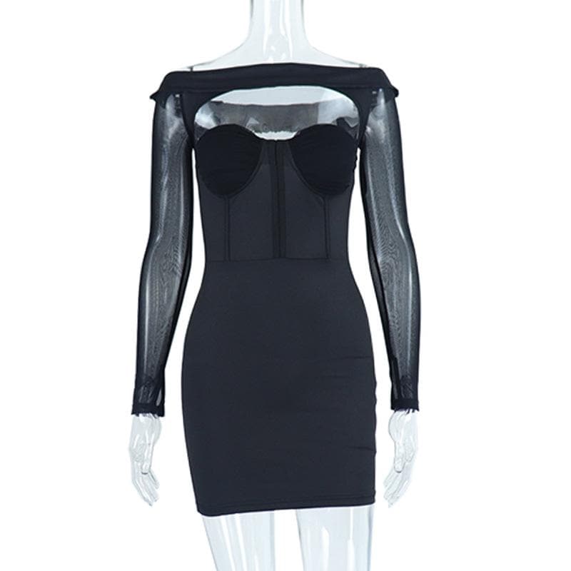 Off Shoulder Mesh Long Sleeve Cut Out Corset Bodycon Mini Dress 2