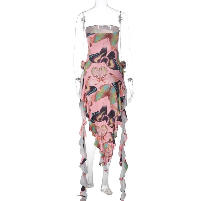 Butterfly print ruffle ribbon flower applique contrast backless maxi dress 6