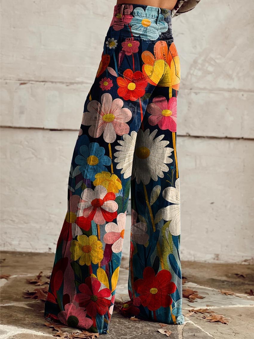 High Waist Floral Print Wide Leg Pants