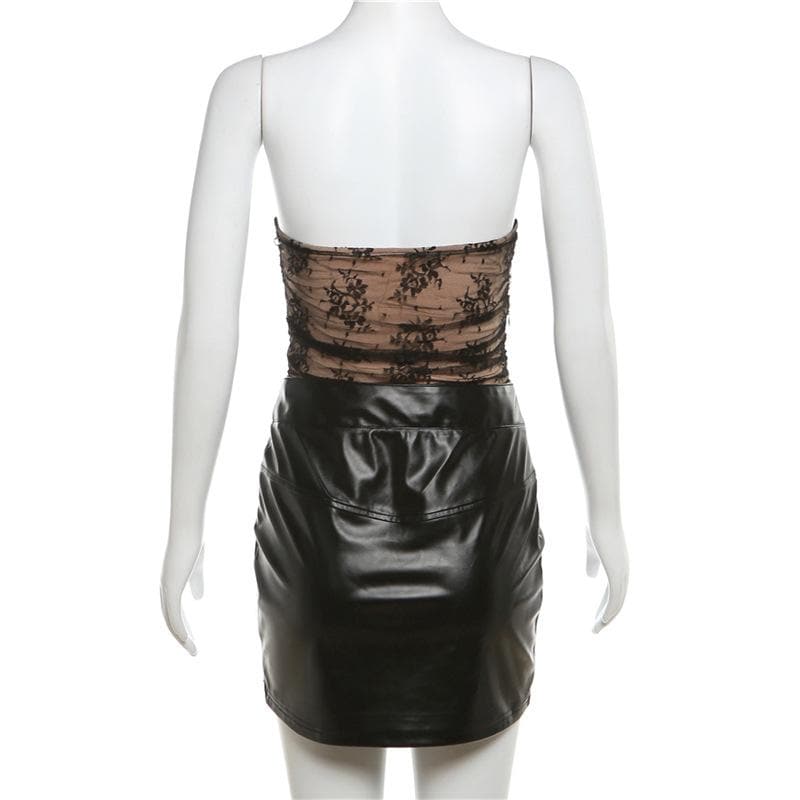 Faux Leather Patchwork Lace Sweetheart Strapless Bodycon Mini Dress 3