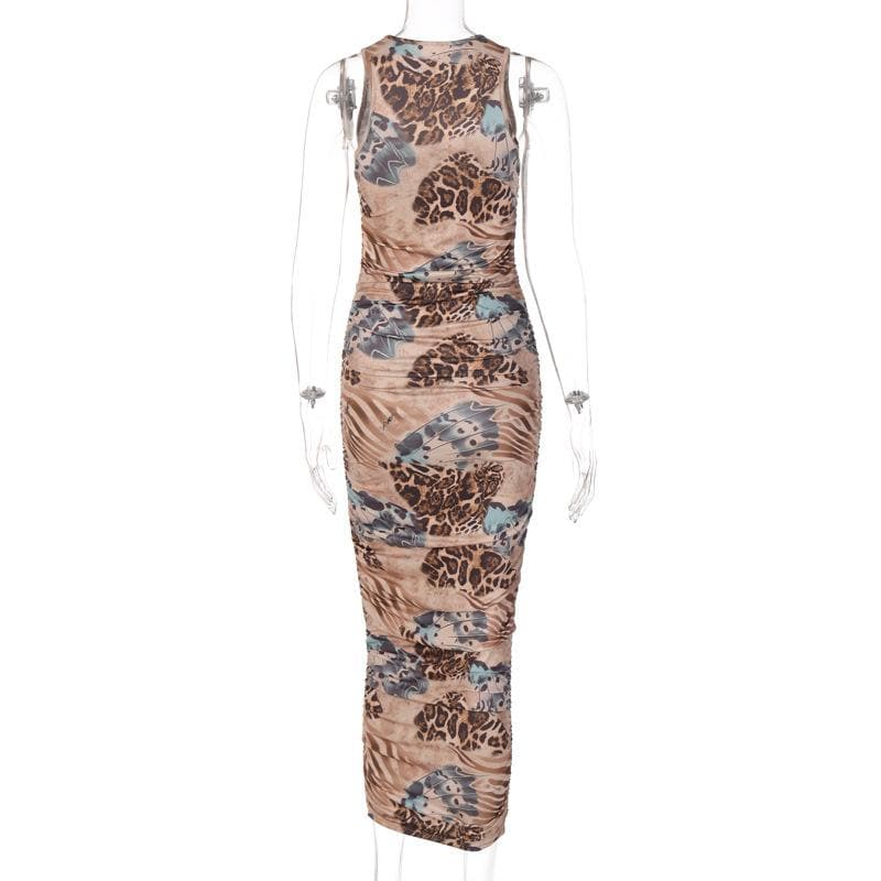 Leopard contrast print sleeveless midi dress