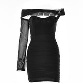 Solid one shoulder o ring hollow out mesh backless mini dress 8