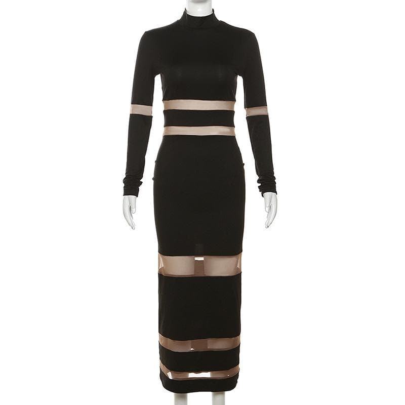 Patchwork mesh contrast long sleeve high neck maxi dress 3