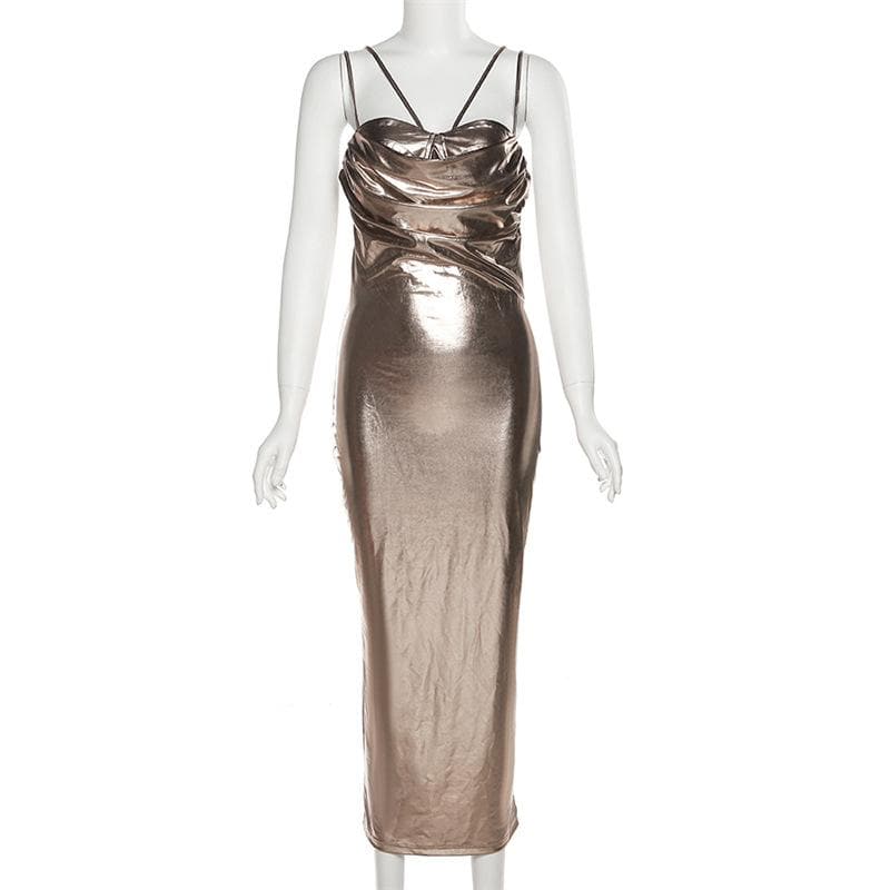 Metallic ruched backless patchwork solid midi dress 2