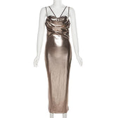 Metallic ruched backless patchwork solid midi dress 2