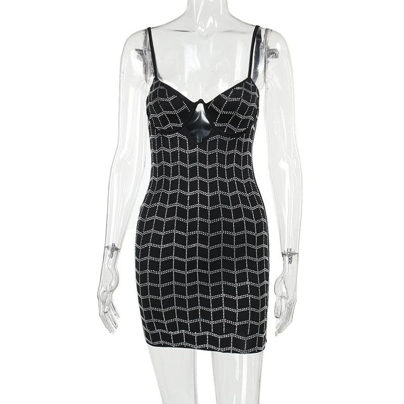 Beaded hollow out v neck backless plaid cami mini dress 2