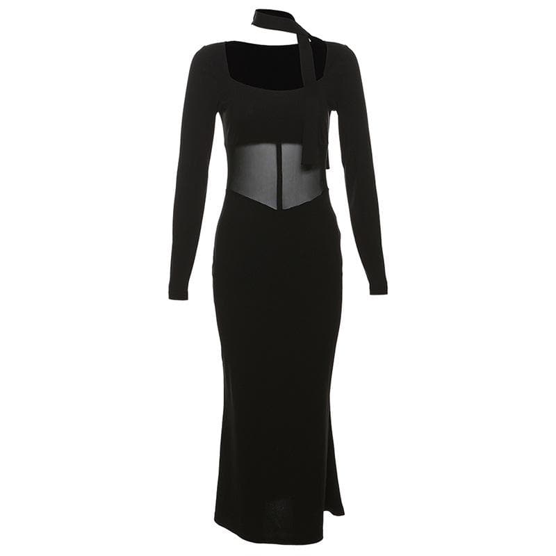 Mesh patchwork solid long sleeve square neck midi dress 4