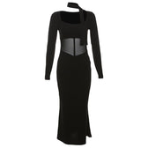 Mesh patchwork solid long sleeve square neck midi dress 4