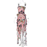 Butterfly print ruffle ribbon flower applique contrast backless maxi dress 5