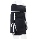 Off shoulder long sleeve lace hem bowknot mini dress 3