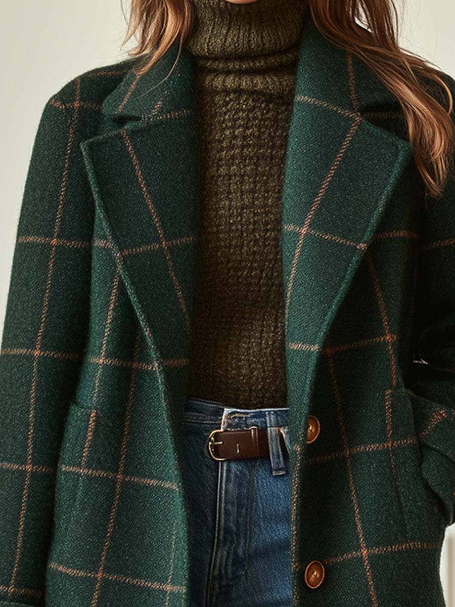 Windowpane Check Double Breasted Wool Look Coat