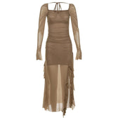 Mesh ruffle solid long sleeve ruched self tie slit maxi dress 10