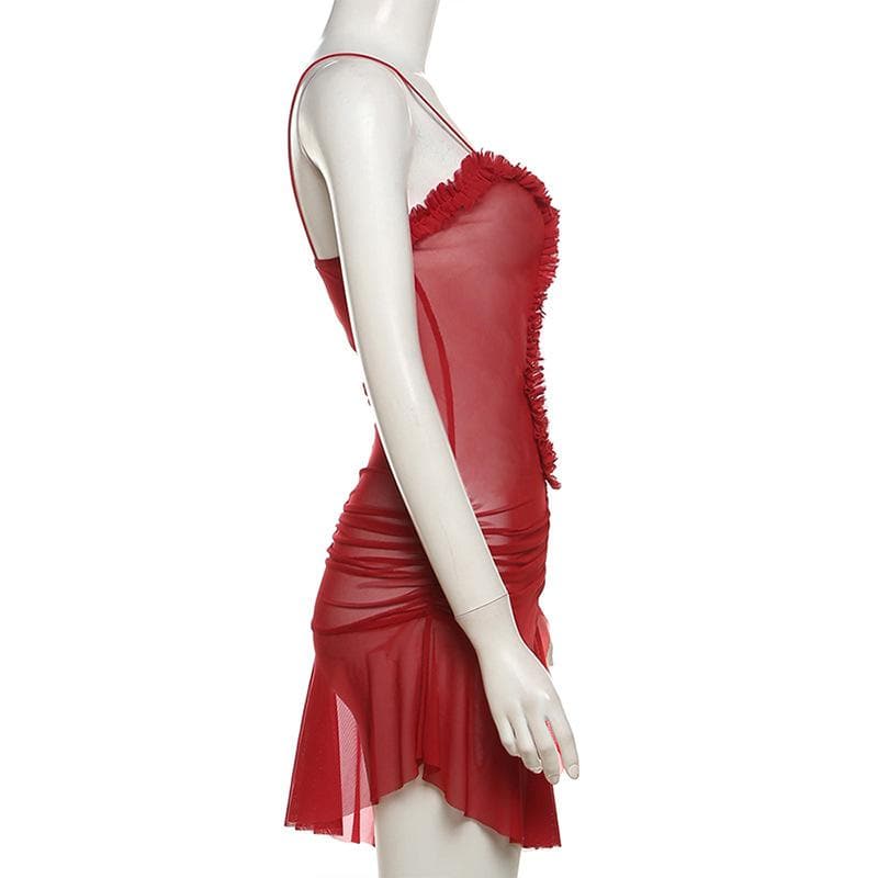 Sheer Mesh Ruffle Trim Cut Out Ruched Asymmetric Strap Mini Dress 6
