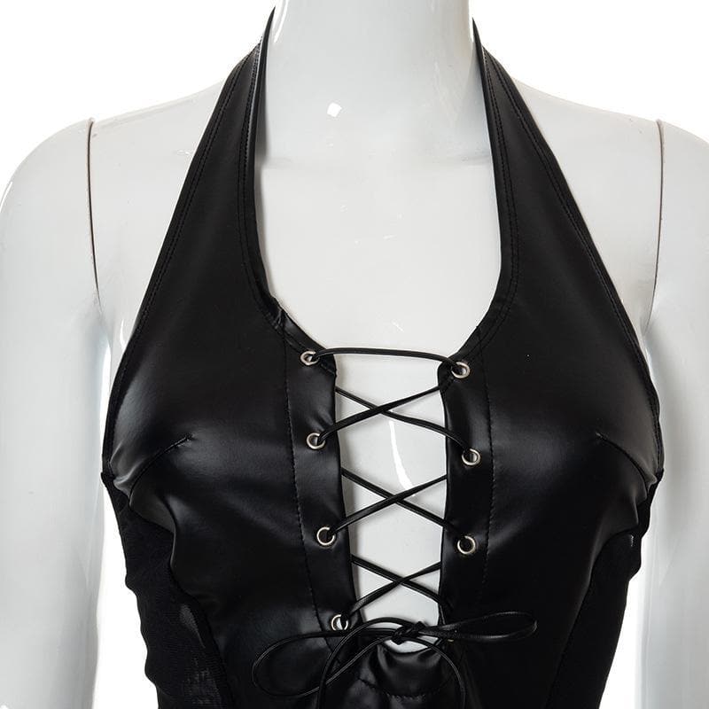 Faux Leather Lace Up Halter Neck Mesh Panel Bodycon Mini Dress 4
