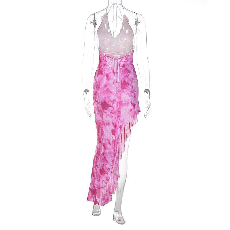 Tie dye ruffle halter mesh backless self tie irregular maxi dress 4