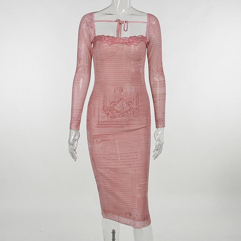 Mesh contrast print lace hem self tie long sleeve midi dress 8