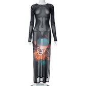 Joker pattern long sleeve sheer mesh see through slit maxi dress 9