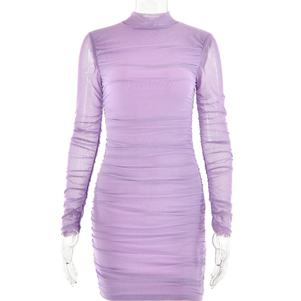 Mesh ruched zip-up long sleeve solid high neck mini dress 2
