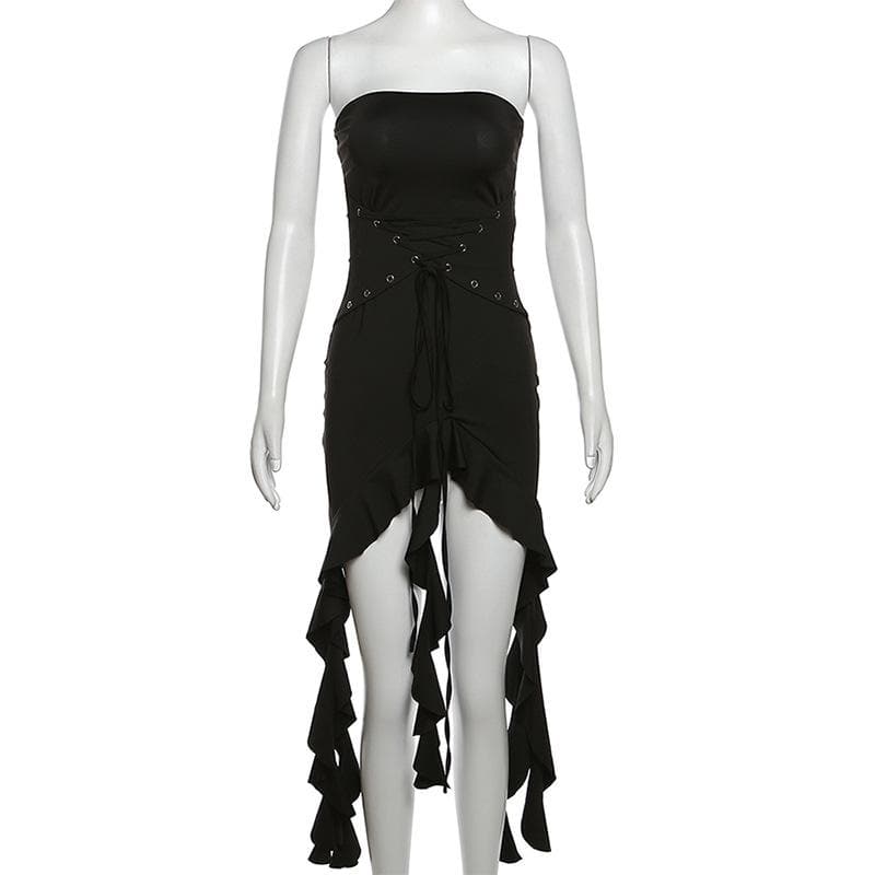 Strapless Lace Up Corset Waist Ruffle High Low Hem Mini Dress 9