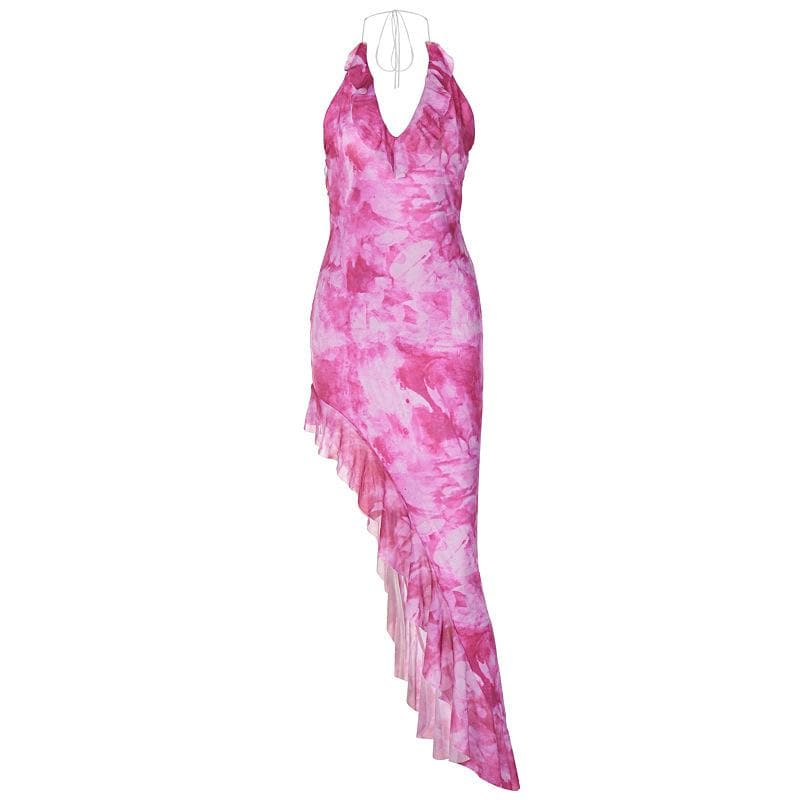 Tie dye ruffle halter mesh backless self tie irregular maxi dress 2