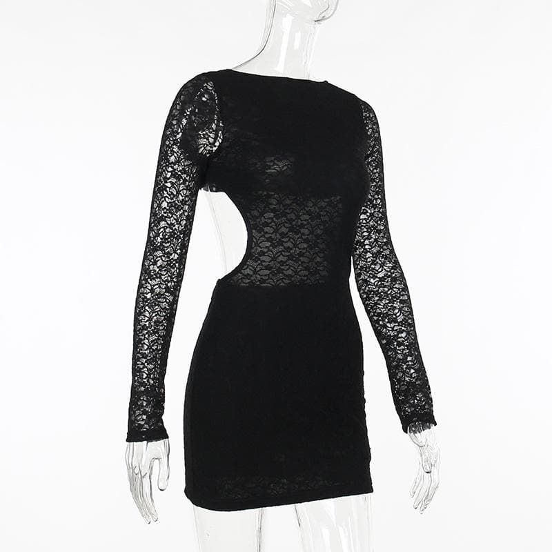 Lace solid long sleeve backless hollow out self tie mini dress 8