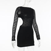 Lace solid long sleeve backless hollow out self tie mini dress 8