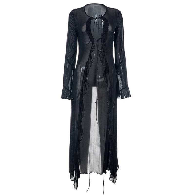 Flared sleeve ruffle sheer mesh see through self tie maxi dress 3