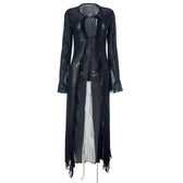 Flared sleeve ruffle sheer mesh see through self tie maxi dress 3