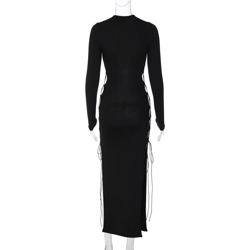 Long sleeve solid hollow out slit self tie lace up midi dress 5
