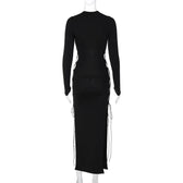 Long sleeve solid hollow out slit self tie lace up midi dress 5