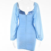 Mesh solid long sleeve ruched notch neck zip-up mini dress 9