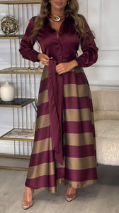 Collared Long Sleeve Striped Satin Two Piece Set 2
