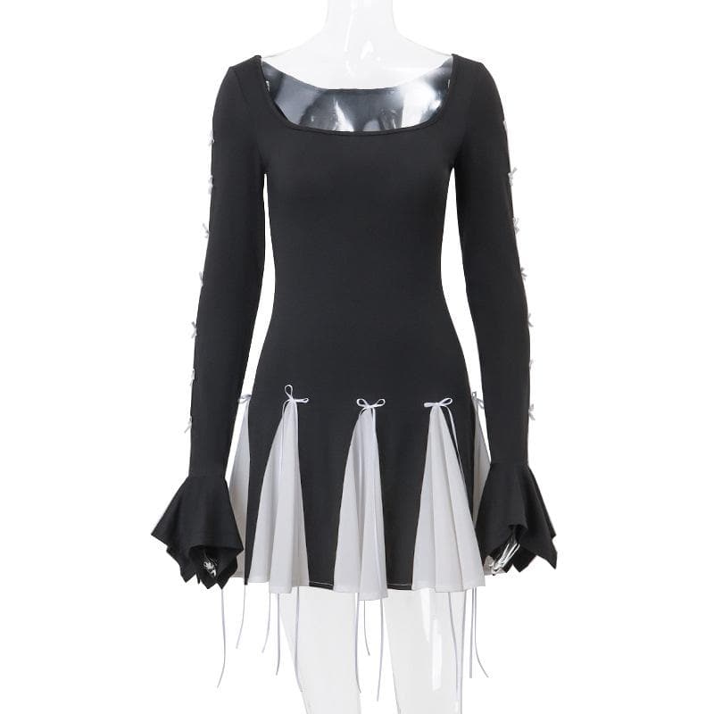 Long flared sleeve bowknot self tie u neck contrast patchwork mini dress