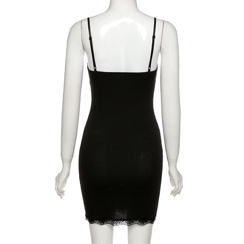Lace hem solid v neck backless cami mini dress 4