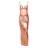 Hollow out metallic ruched backless metal applique cami maxi dress 2