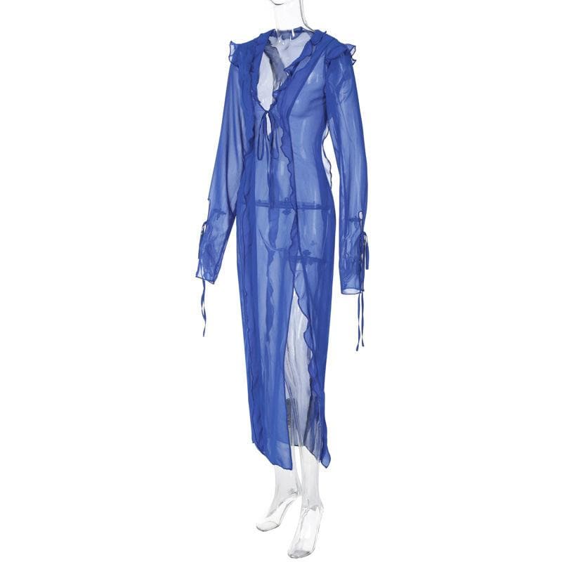 Slit chiffon see through long sleeve v neck self tie maxi dress 8