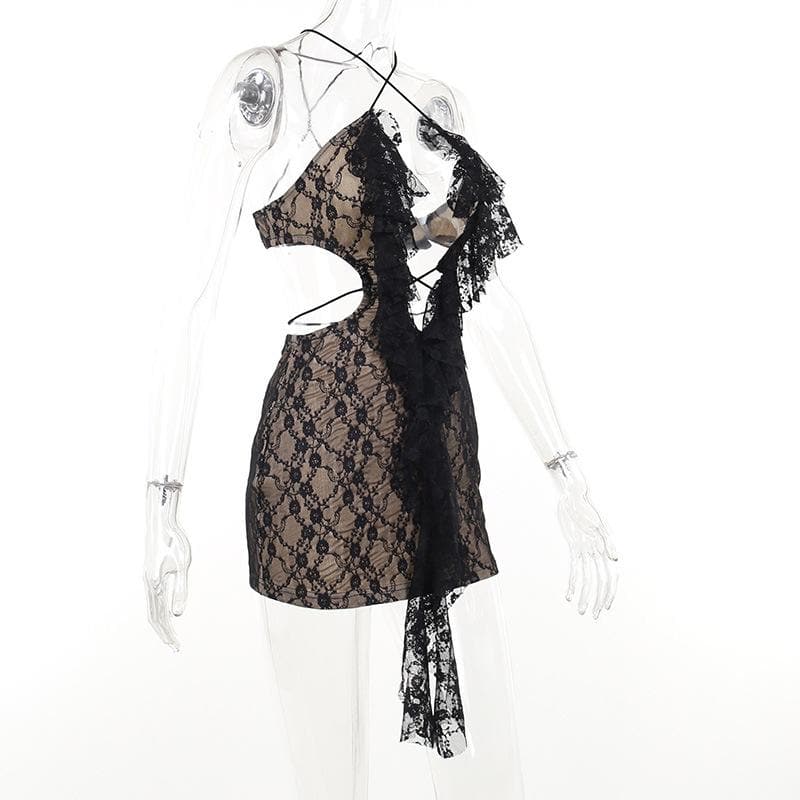 Cross front backless hollow out lace hem contrast mini dress 3