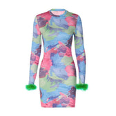 Feather crewneck contrast print long sleeve mini dress 2
