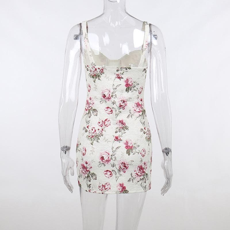 Contrast flower print backless sleeveless mini dress