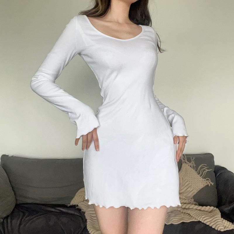 Long sleeve solid ruffle v neck ribbed mini dress