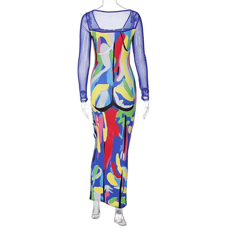 Long sleeve contrast abstract mesh midi dress 5