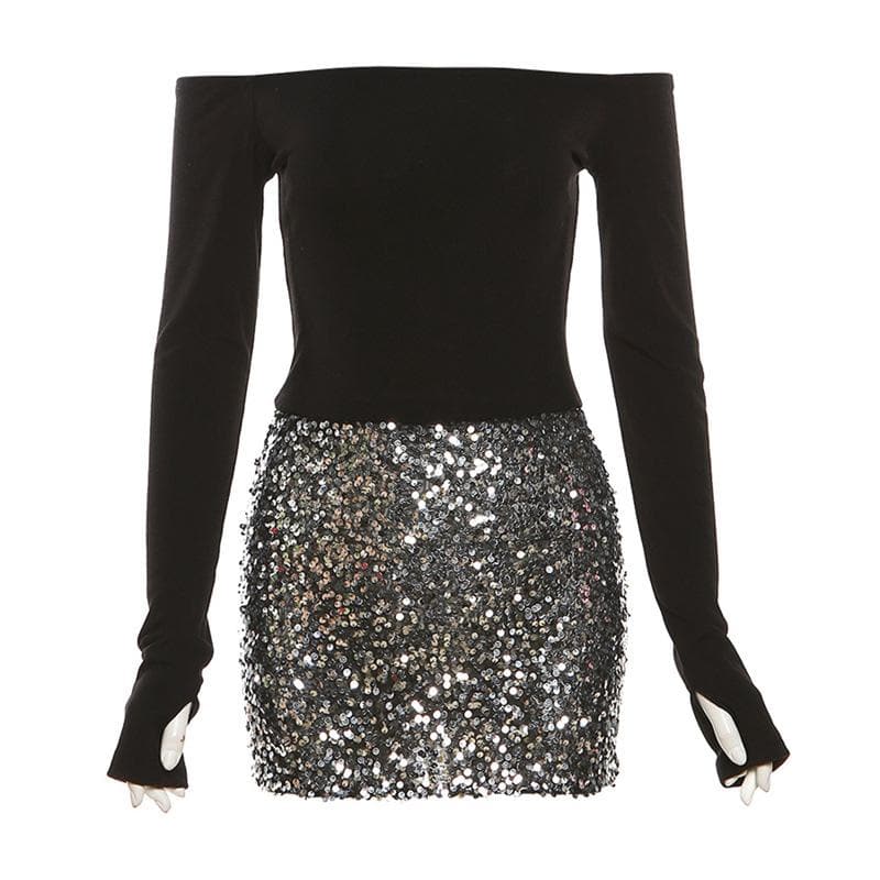 Glitter patchwork off shoulder gloves mini dress 4
