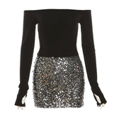 Glitter patchwork off shoulder gloves mini dress 4