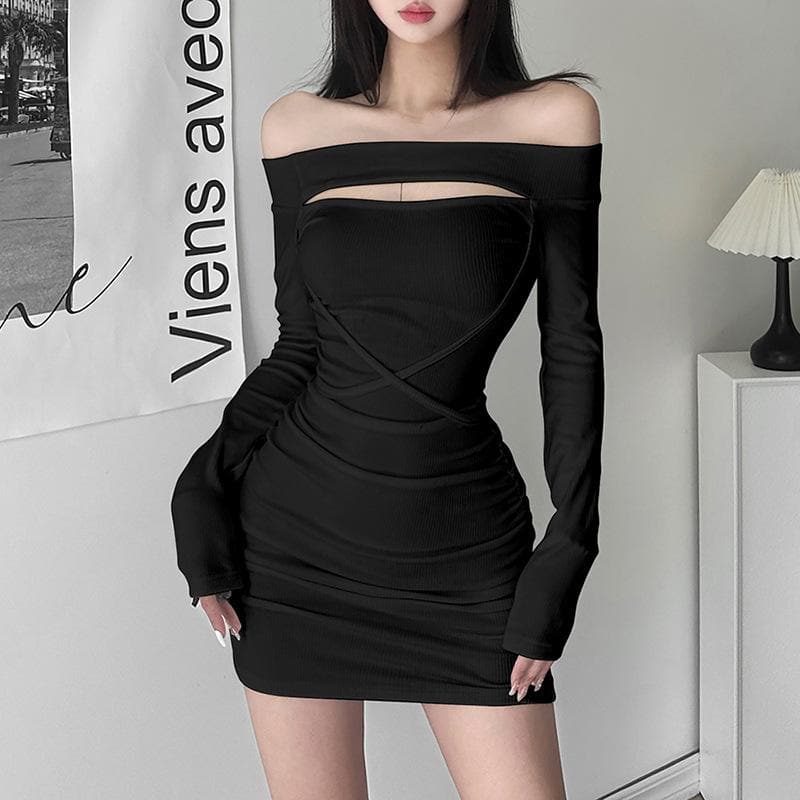Lace up solid hollow out off shoulder long sleeve mini dress 3