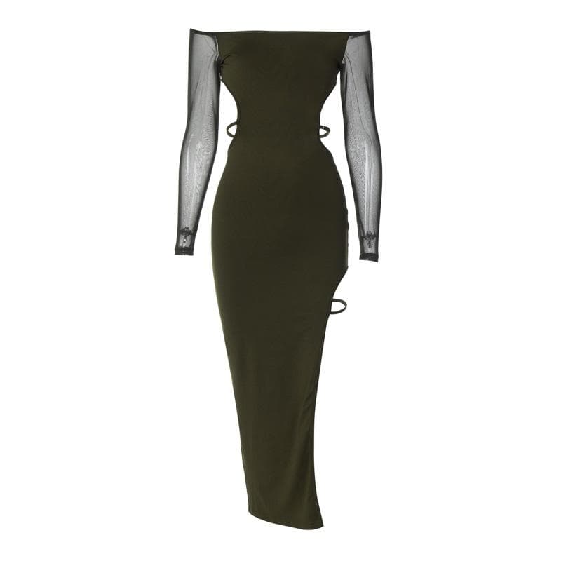 Off Shoulder Mesh Long Sleeve Cut Out High Split Midi Dress