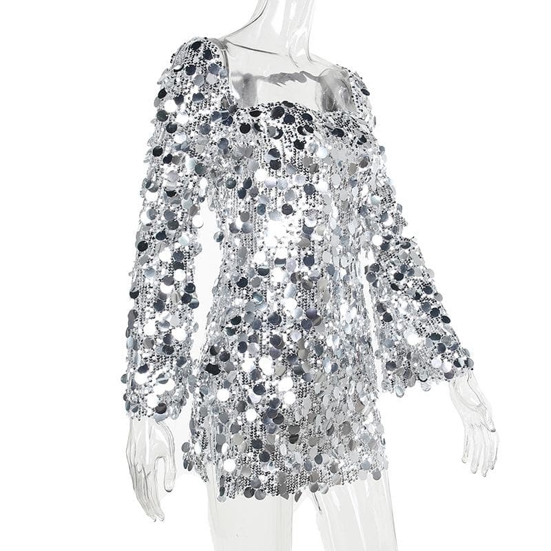 Glitter self tie long sleeve slit backless mini dress 3