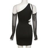 Long mesh sleeve off shoulder hollow out irregular dress 5
