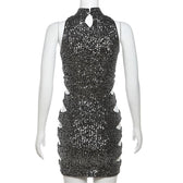 Glitter hollow out high neck button sleeveless mini dress 3