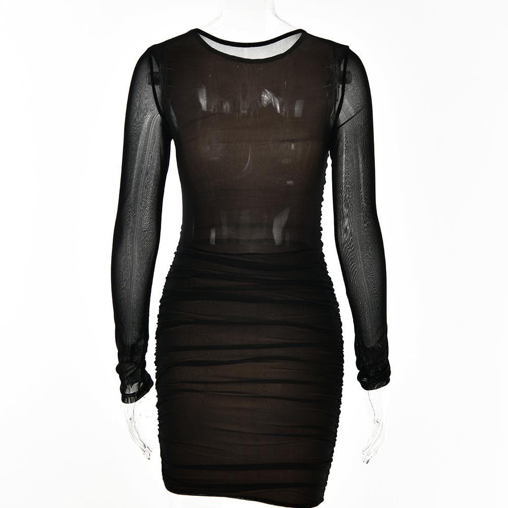 Mesh long sleeve solid ruched crewneck mini dress 5
