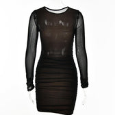 Mesh long sleeve solid ruched crewneck mini dress 5